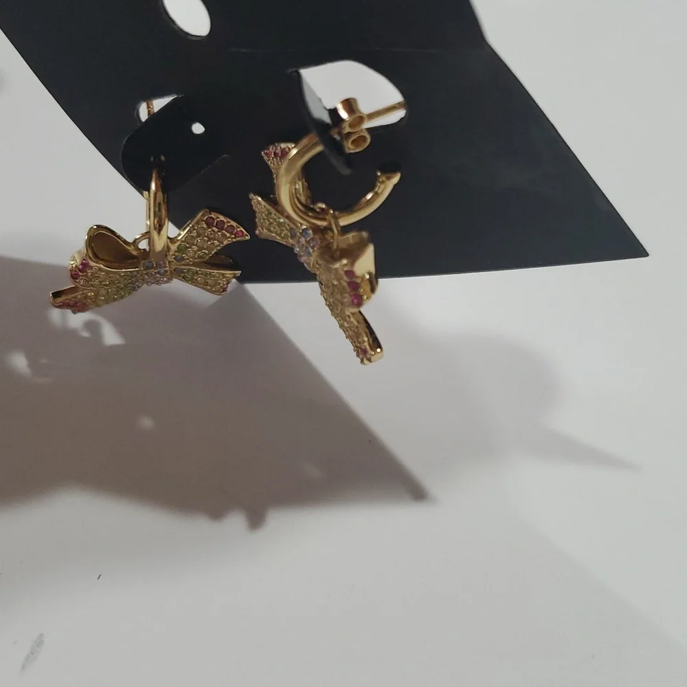 Coach‎ bright multicolored pave crystal gemstones adorned bow post earrings new - Picture 6 of 10